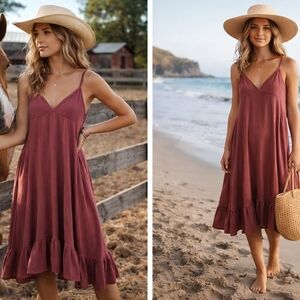 Sleeveless V-Neck Ruffle Hem Maxi Dress in Dusty Rose